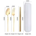 Gold stainless steel portable cutlery set with spoon, fork, chopsticks, and case, marked dimensions. - Gold-Three Piece Set