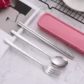 Portable 304 stainless steel cutlery set with pink storage case, including spoon fork and chopsticks - 3-Piece Set (Spoon/Fork/Chopsticks) / 410 Stainless Steel / Pink Case