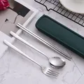 Portable 304 stainless steel cutlery set with fork, spoon, chopsticks and green storage case - 3-Piece Set (Spoon/Fork/Chopsticks) / 410 Stainless Steel / Green Case