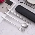 Portable 304 stainless steel cutlery set with silver fork, spoon, and chopsticks. - 3-Piece Set (Spoon/Fork/Chopsticks) / 410 Stainless Steel / Black Case