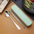 Stainless steel cutlery set with mint green storage box and smiley spoon - Two-Piece Set / Green