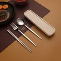 Portable 304 stainless steel cutlery set with spoon fork chopsticks and beige storage case - Portuguese Style Pure Silver / 410 3-Piece Set (With Box)