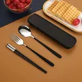 Portable 304 stainless steel cutlery set in black finish with storage case for one person - Korean Style Black Silver / 304 3-Piece Set (With Box)