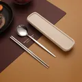 Portable 304 stainless steel cutlery set with spoon, chopsticks, and beige storage case - Portuguese Style Pure Silver / 410 2-Piece Set (With Box)