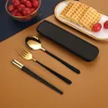 Portable 304 stainless steel gold and black cutlery set with black storage case - Korean Style Black Gold / 304 3-Piece Set (With Box)
