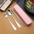 Portable pink 3-piece stainless steel cutlery set with smiley face engraving - Three-Piece Set / Pink