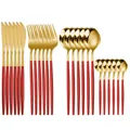 24-piece stainless steel cutlery set featuring a gold finish and red handles in Portuguese style - 24-Piece Set (OPP Bag) / Rose Gold Red