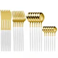 24-piece gold and white stainless steel cutlery set with knives, forks, and spoons. - 24-Piece Set (OPP Bag) / Platinum