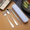 Portable stainless steel 3-piece cutlery set with blue storage case and smiley face engraving - Three-Piece Set / Blue