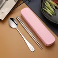 Portable stainless steel cutlery set with pink storage box including spoon and chopsticks - Two-Piece Set / Pink