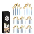40-piece gold and blue stainless steel cutlery set including knives and forks with gift box - Black gold -40 piece set