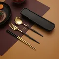 Elegant goud en zwart roestvrijstalen draagbaar bestekset met handige opbergdoos - Zwart Goud Lepel Vork Eetstokjes