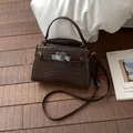 Elegant dark brown crocodile pattern small square handbag with adjustable crossbody strap - No Pendant / Coffee