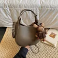 Casual brown pebbled leather hobo bucket bag for women with a cute bear charm pendant - Gray (With Pendant)