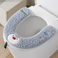 Comfortable soft plush grey U-shaped toilet seat cover featuring a cute cartoon penguin motif - Little Penguin Style / Blue