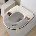 Thickened plush toilet seat cover with zipper and bear pattern in grey and white design - Double Bears / Grey Color-block
