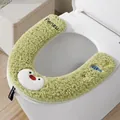 Soft green plush U-shaped toilet seat cover featuring cute cartoon penguin embroidery - Little Penguin Style / Green