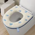 Thickened plush zippered toilet seat cover in cream with blue patterns and handle - Houndstooth / Blue