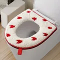 Soft plush zippered toilet seat cover featuring red heart pattern and carry handle - Houndstooth / Red