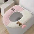 Pink and white plush toilet seat cover with cute bear embroidery and heart detail - Bear Style / Pink