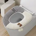 Plush grey and white toilet seat cover with cute bear and Hello Bear embroidery - Bear Style / Gray