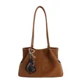 Large-capacity retro brown faux leather tote bag featuring a leopard print heart charm - PU With Pendant / Brown