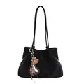 Large black vintage tote bag with leopard print heart charm - PU With Pendant / Black