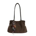 Vintage brown suede tote bag with leopard heart charm for casual commute. - PU With Pendant / Coffee