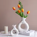 Unique modern white circular ceramic vase set for elegant home table decor and floral display - 2-Piece Set (M/S)