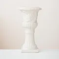 Elegant white Roman column style ceramic vase ornament with detailed ornate carvings - Large-Cream White Speckled