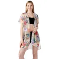 Kimono de playa de gasa con estampado floral y mangas de murciélago en beige y rosa - Talla única / Túnica (ML509) / Flor Beige
