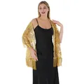 Elegant gold peacock sequin shawl with fringe wrap for evening gowns and banquet dresses - Gold