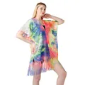 Detailed view of colorful tie-dye lace bikini cover-up with stylish fringe tassels - Tops / Colorful
