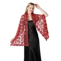 Detail view of a red sequined water-soluble embroidered shawl for evening gowns. - Red