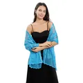 Detailed view of sky blue peony sequin embroidered shawl on a professional model - Lake Blue
