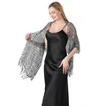 Elegant silver sequined mesh shawl wrap for evening party gowns, detailed macro view - Black + Silver