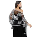 Back view detail of black sequined peony embroidered lace shawl for evening dresses - Black + Silver
