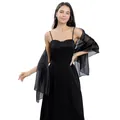 Elegant black sheer organza shawl wrap styled with a formal black evening dress - Black