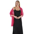Detailed view of elegant pink sequin embroidered lace shawl worn over a black dress - Rose Red