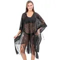 Vista dettagliata del copricostume in pizzo nero con motivo paisley e nappe a frangia - Taglia unica / Top / Nero