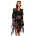 Sexy black lace beach cover-up with elegant floral patterns and fringe tassels for summer - One Size / Robe / Black