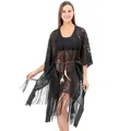 Detail view of black lace beach cover-up featuring intricate patterns and long tassel fringe - One Size / Paisley Black (With Belt) / Black
