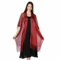 Elegant red metallic glitter shawl with fringe detail worn over a black dress. - Burgundy