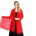 Elegant red chiffon shawl with lace trim tassels worn by a model over a black dress - Red