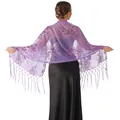 Back view of purple sheer shawl with pink sequin floral embroidery and long fringe - Light Purple
