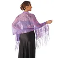 Detailed view of purple sequined floral shawl with elegant tassels for parties - Light Purple