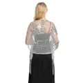 Detailed view of silver sequined sheer shawl with elegant fringe for evening wear - Silver Gray