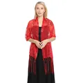Elegant red mesh shawl with sequins and fringe worn by a model in a black evening dress - Red