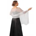 Elegant white sheer bridal shawl wrap draped over a black evening dress back view detail - Ivory