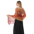 Detail of red mesh shawl with gold sequin sunflower embroidery and long fringe tassels - Red + Gold